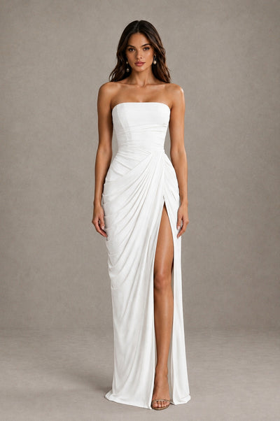 BOLODOO Strapless Draped Maxi Dress - White Backless Evening Gown with High Slit - White - White_1