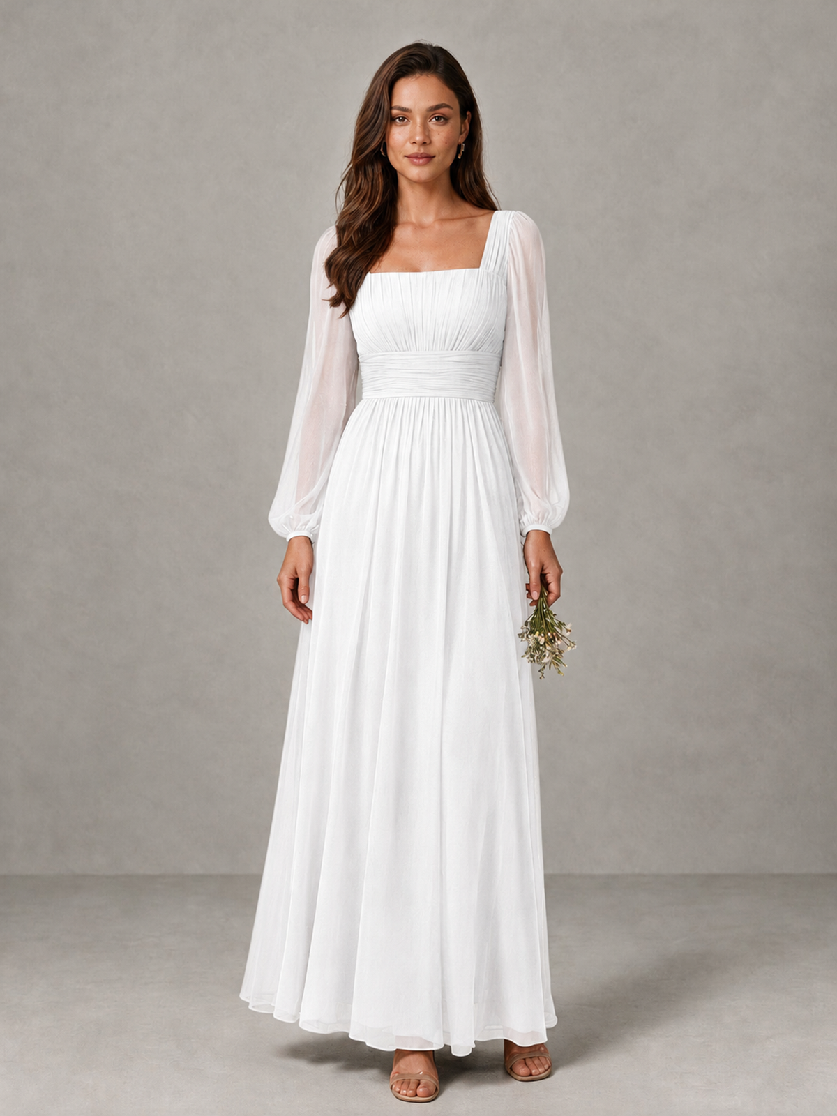 BOLODOO White Square Neck Long Sleeve Chiffon Bridesmaid Dress - White - White_1