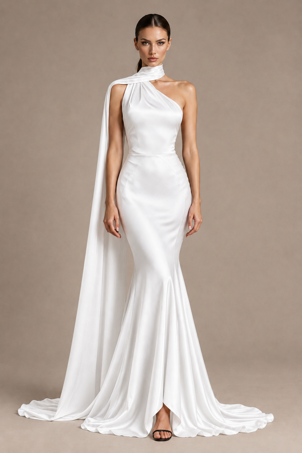 BOLODOO White One-Shoulder Satin Mermaid Evening Dress with Scarf - White - White_1