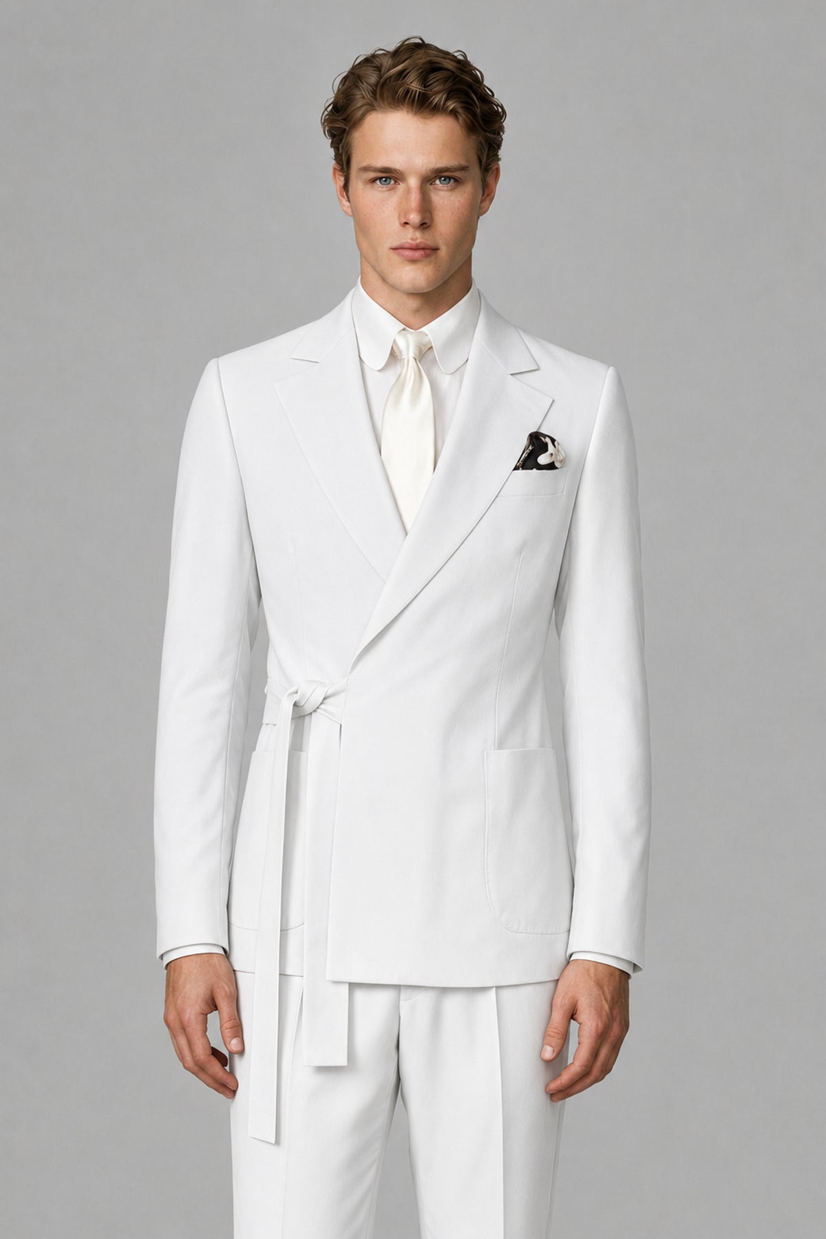 Bolodoo Men's White Wrap Tie-Waist Two-Piece Suit – Jacket & Trousers - White - White_1