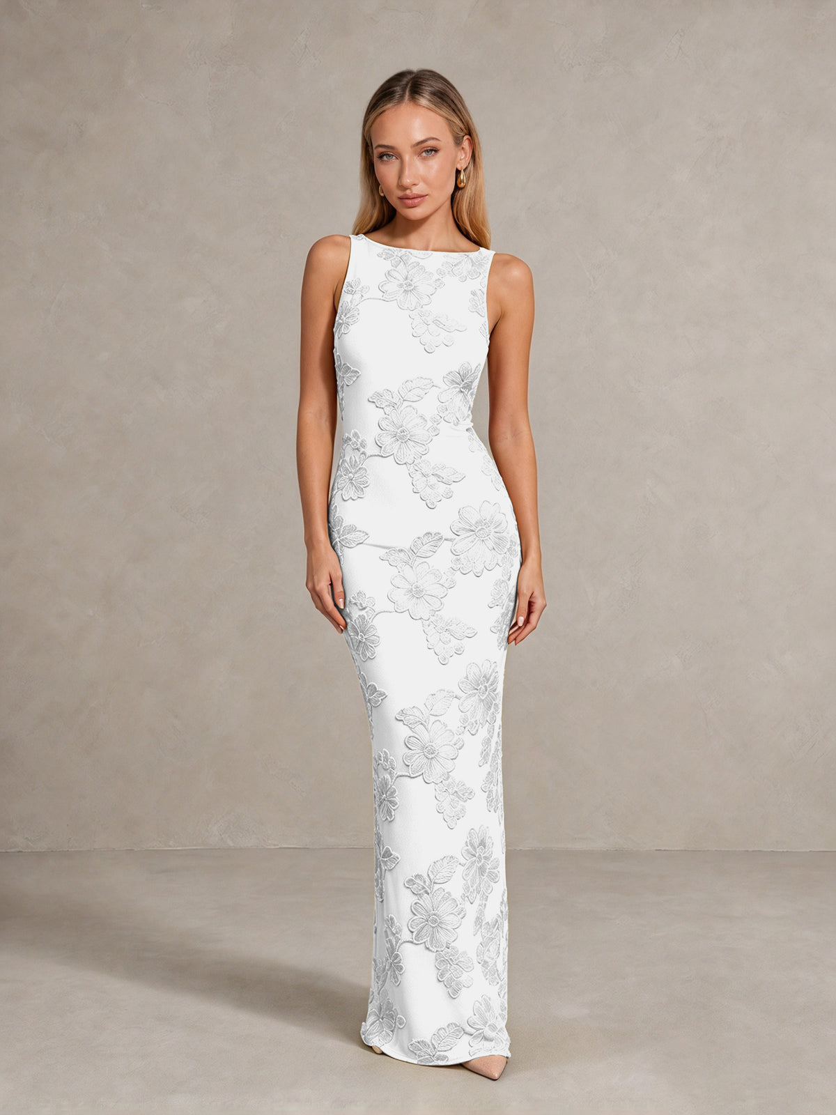 BOLODOO White Floral Sleeveless Maxi Wedding Guest Dress - White - White(1)