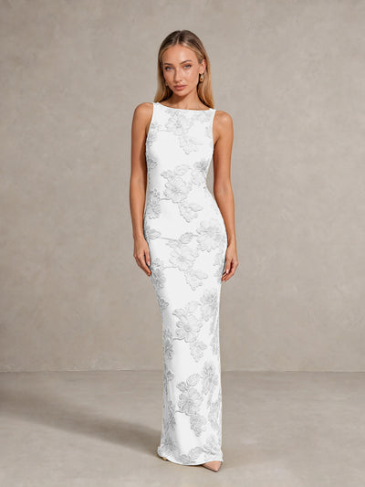 BOLODOO White Floral Sleeveless Maxi Wedding Guest Dress - White - White(1)