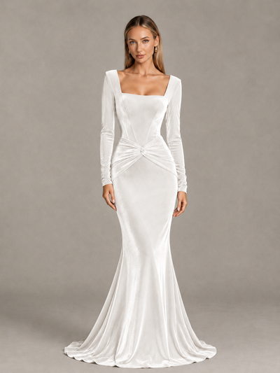 BOLODOO White Velvet-Look Square Neck Long Sleeve Mermaid Evening Dress - White - White_1