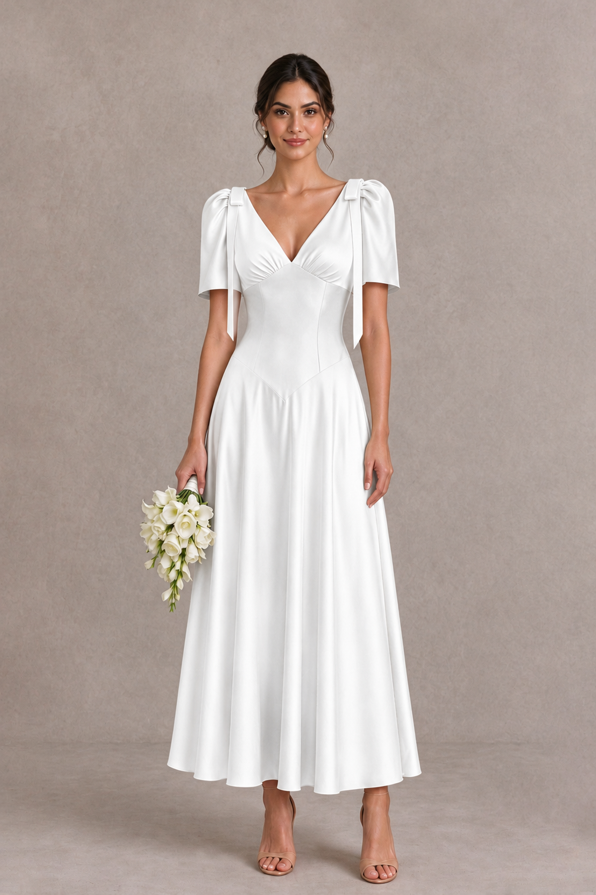 BOLODOO White V-Neck Short Sleeve Satin-Look Bridesmaid Dress with Shoulder Bows - White - White_1