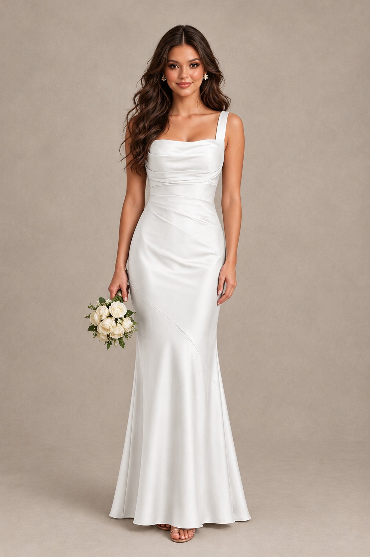 BOLODOO White Square Neck Ruched Satin Lace-Up Bridesmaid Dress - White - White_1