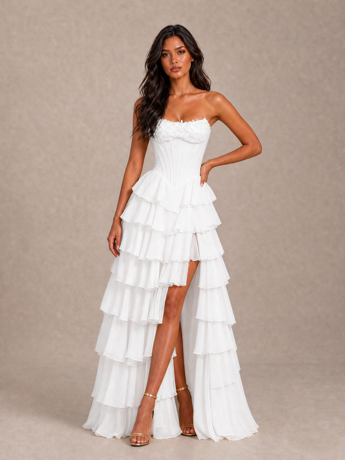 BOLODOO White Strapless Corset Tiered Ruffle Prom Dress with High Slit - White - White_1