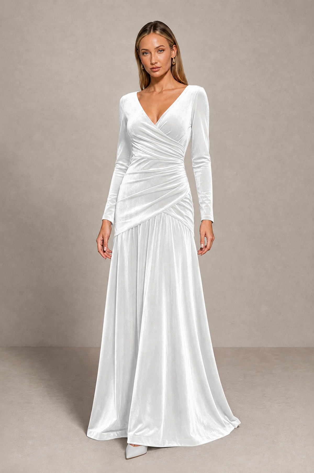 BOLODOO White Velvet Long Sleeve V-Neck Ruched Evening Dress - White - White_1