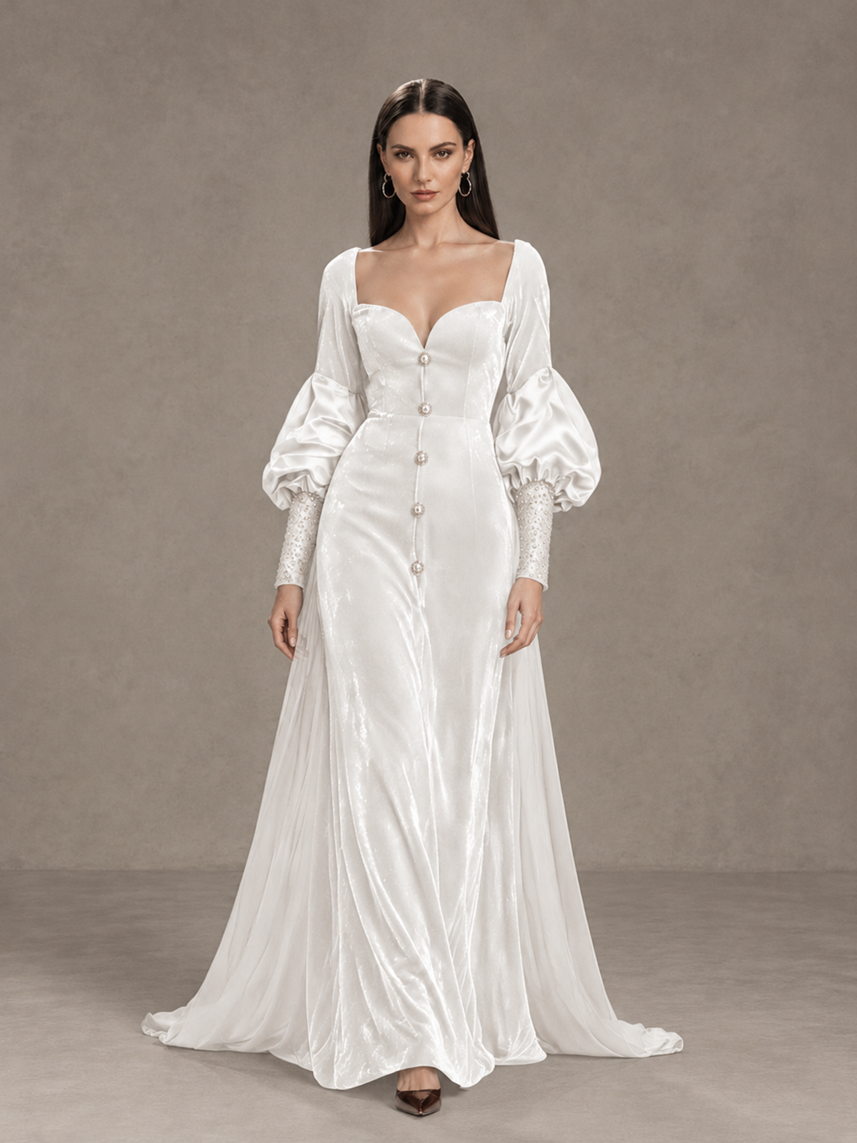 BOLODOO White Velvet Long Sleeve Open-Back Evening Gown - White - White_1