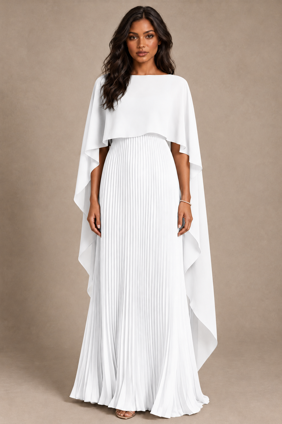 BOLODOO White Pleated Cape A-Line Evening Dress - White - White_1
