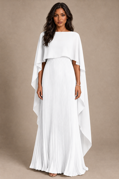BOLODOO White Pleated Cape A-Line Evening Dress - White - White_1