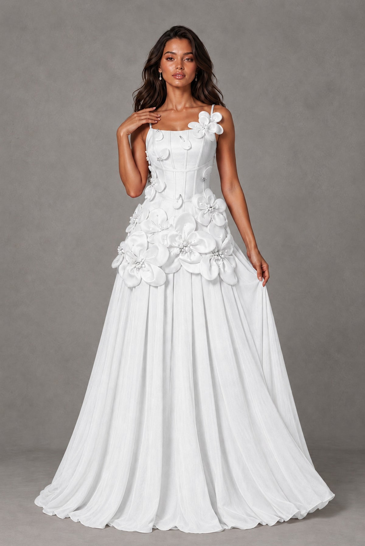 BOLODOO White 3D Floral Appliqué Floor-Length A-Line Evening Gown - White
