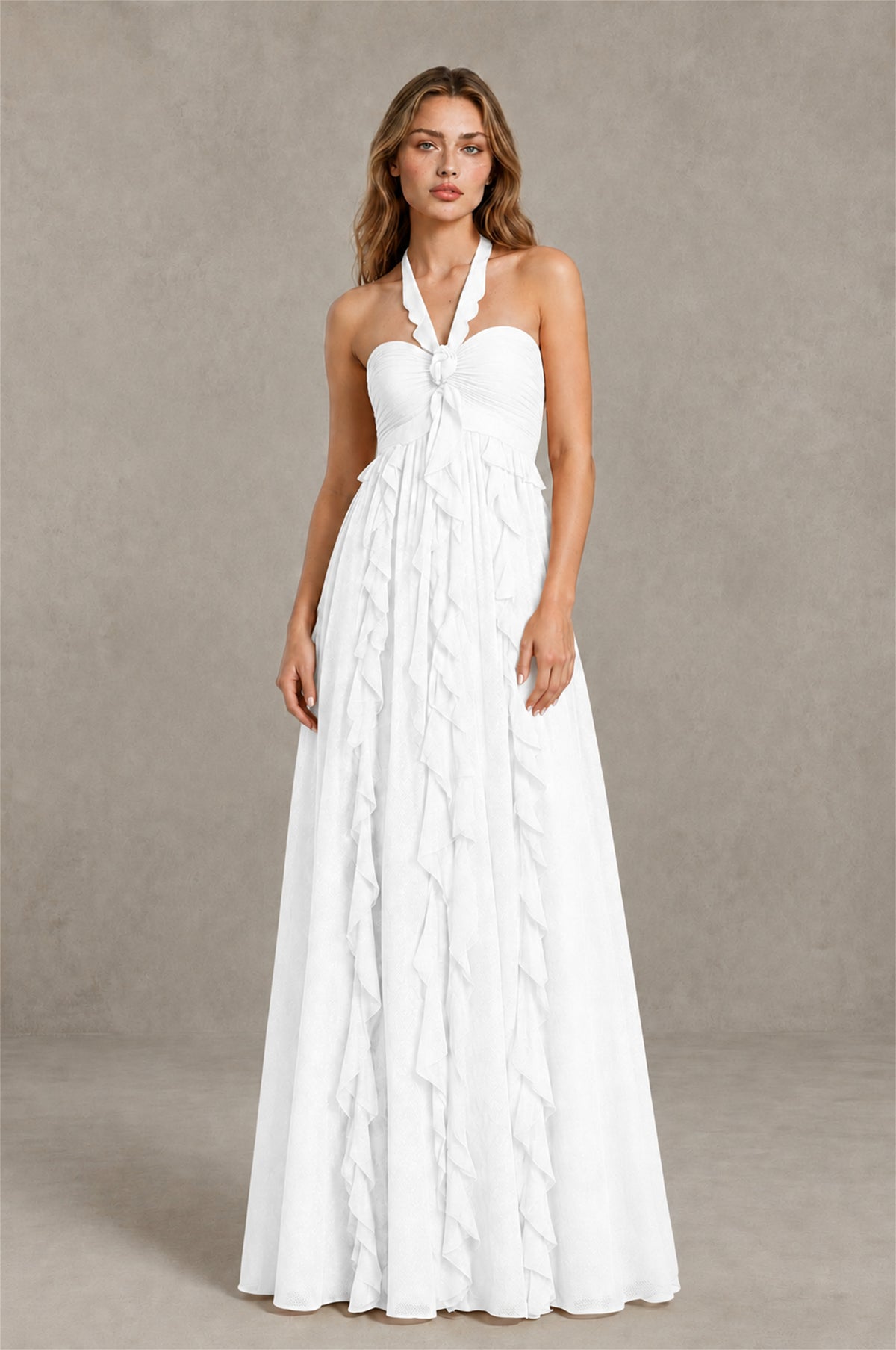BOLODOO White Halter Ruffle A-Line Floor-Length Evening Dress - White - White_1
