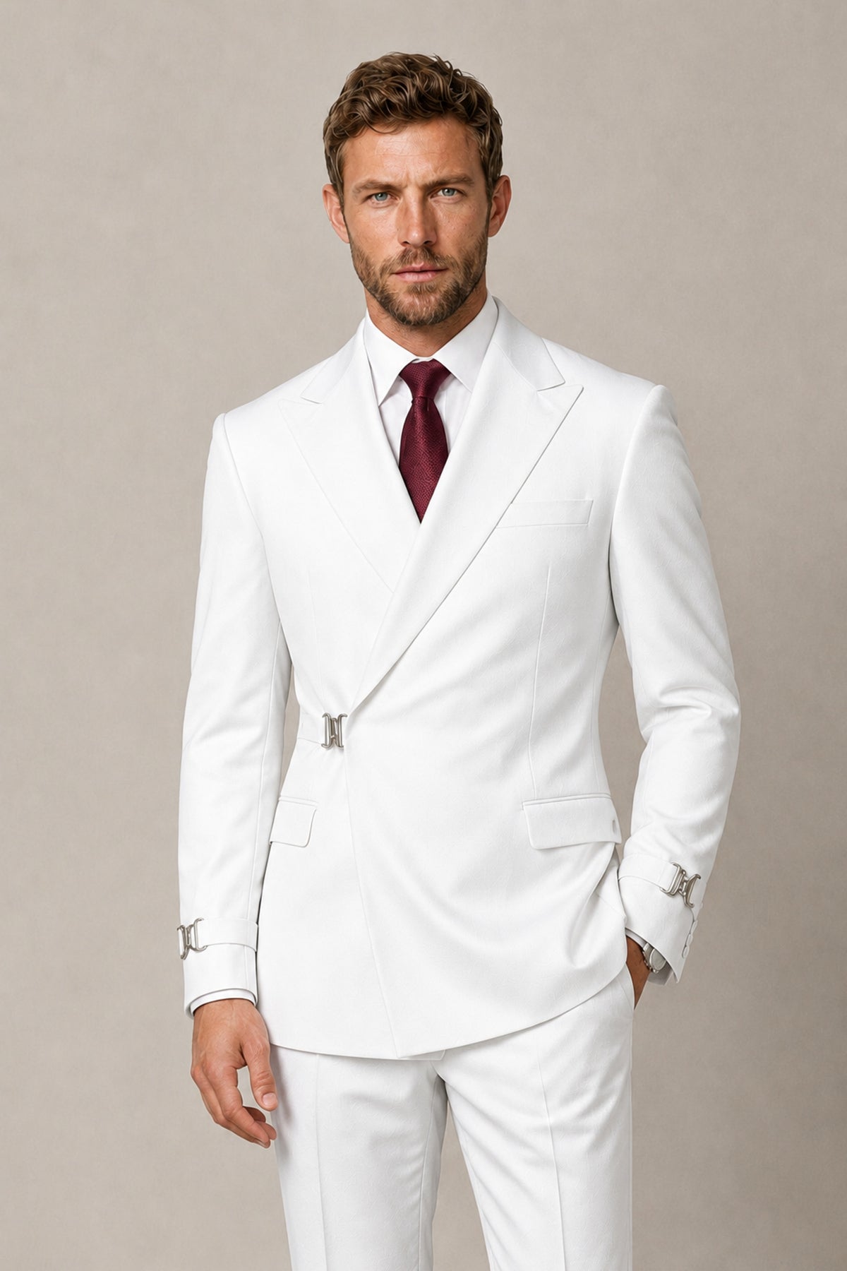 BOLODOO Men's White Double-Breasted 2-Piece Suit Set – Blazer & Tailored Trousers - White