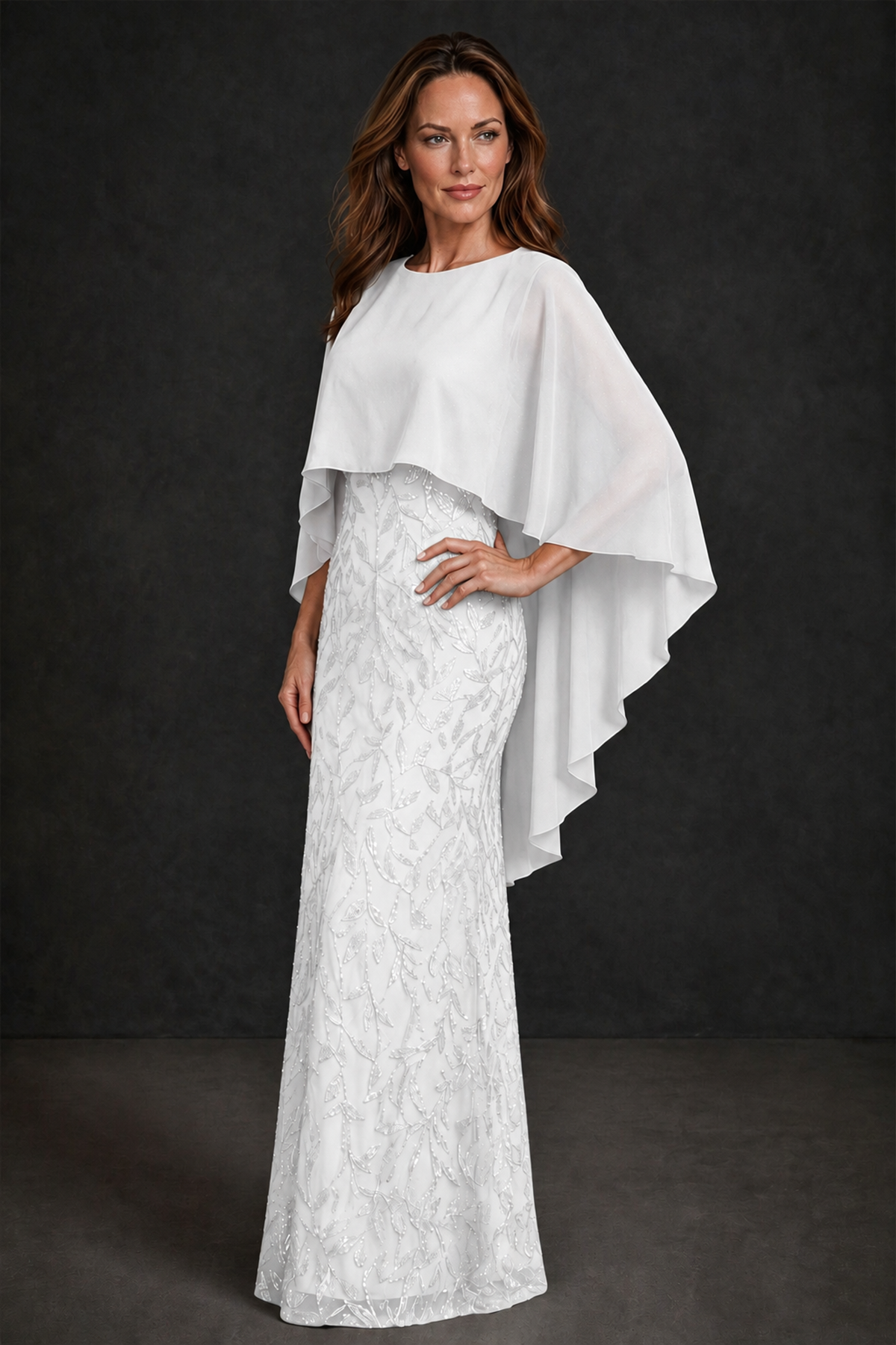 BOLODOO White Round Neck Chiffon Cape Overlay Sequin Lace Mermaid Maxi Dress - White - White_1