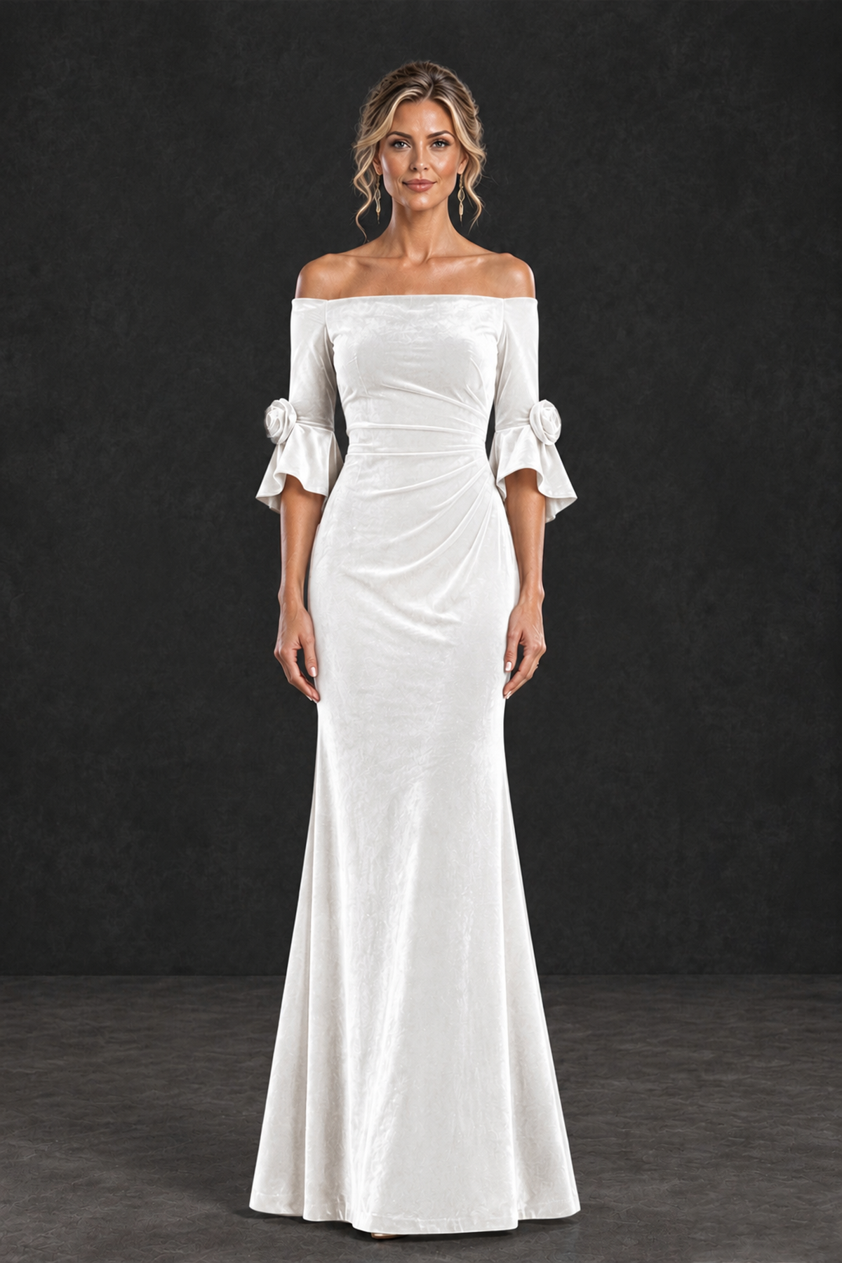 BOLODOO White Velvet Off-Shoulder Mother of the Bride Dress – 3/4 Floral Cuff Sleeve Mermaid Evening Gown - White - White_1