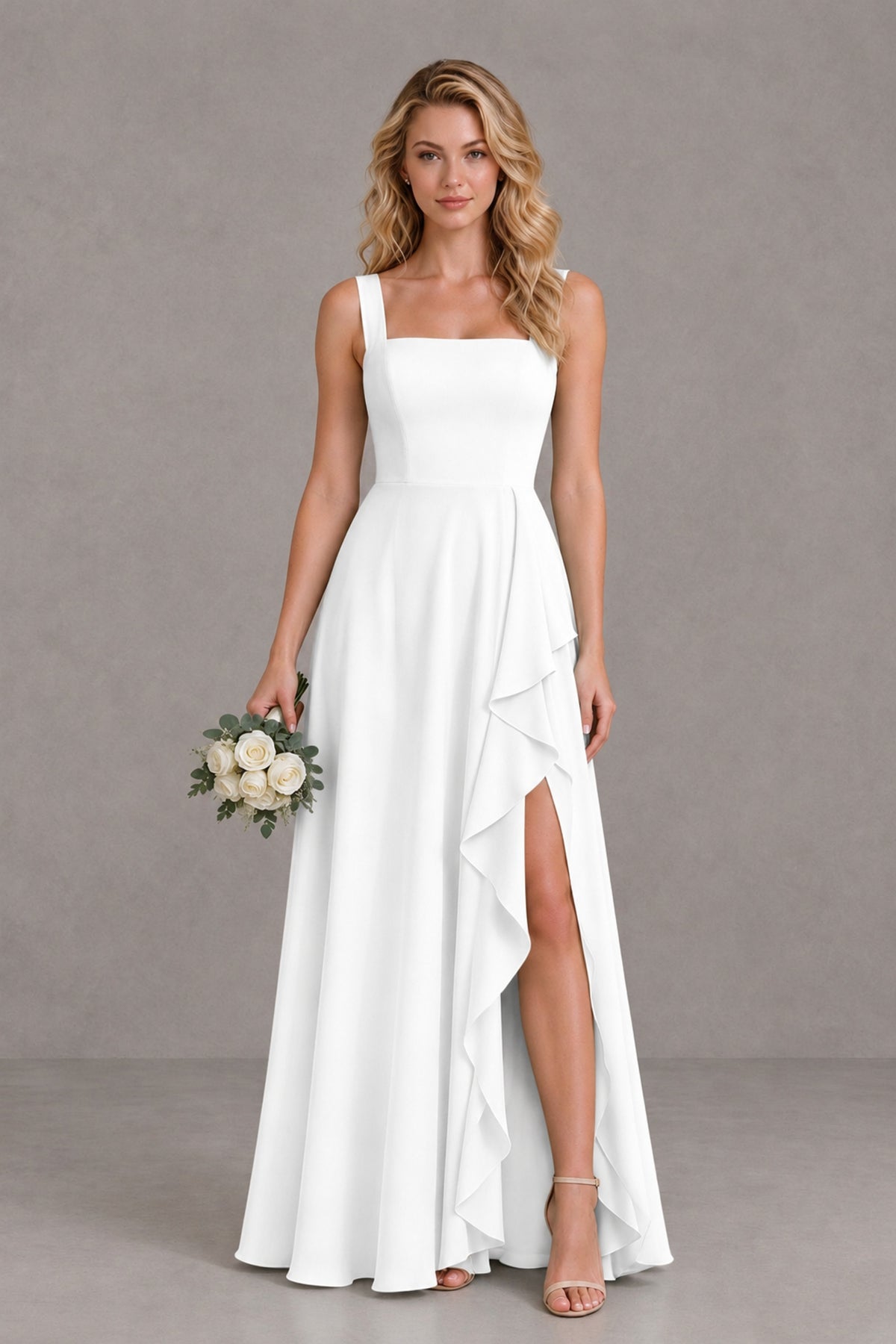 BOLODOO White Square Neck Ruffle A-Line Bridesmaid Dress with Slit - White - White_1