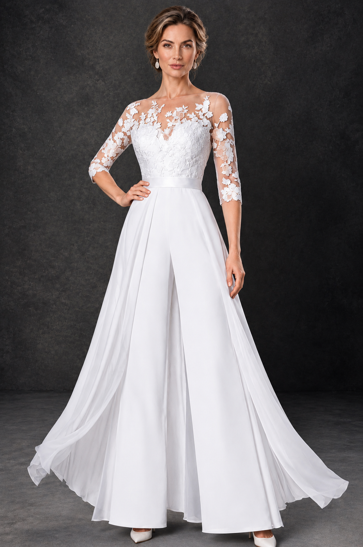 BOLODOO White Lace Wide-Leg Jumpsuit with Three-Quarter Sleeves - White - White_1