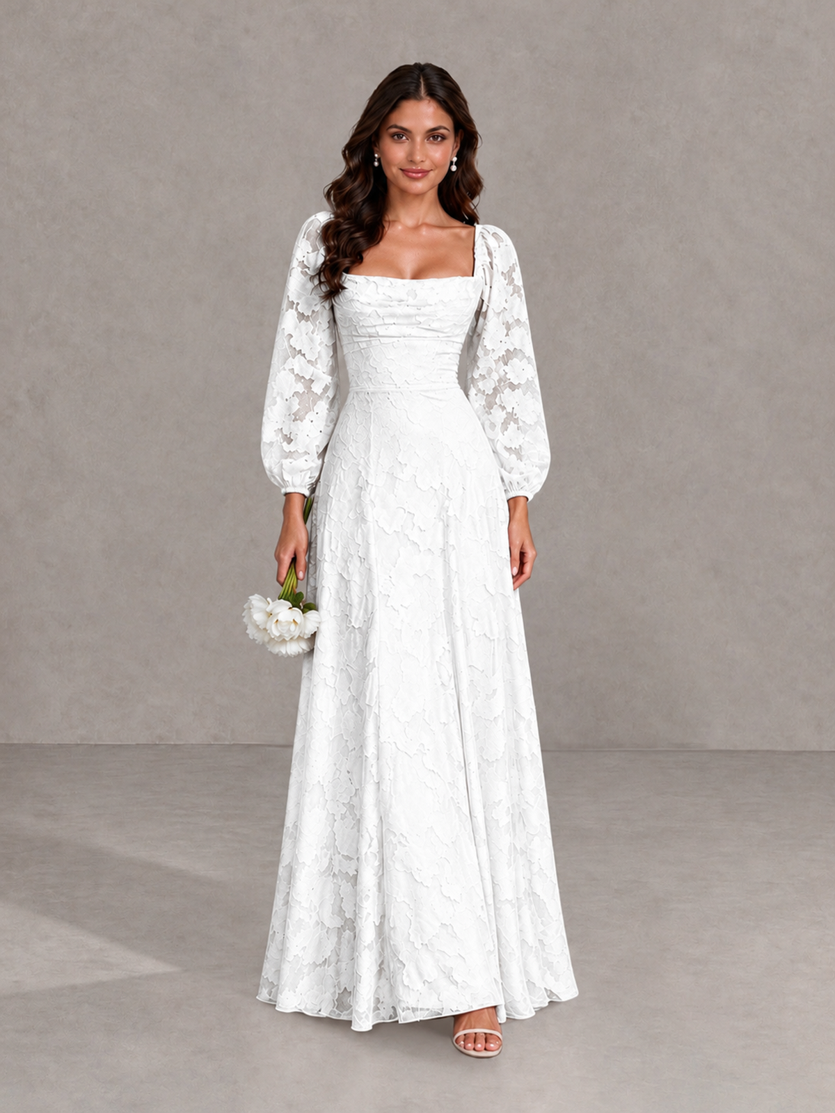 BOLODOO White Floral Long Sleeve A-Line Bridesmaid Dress - White - White_1