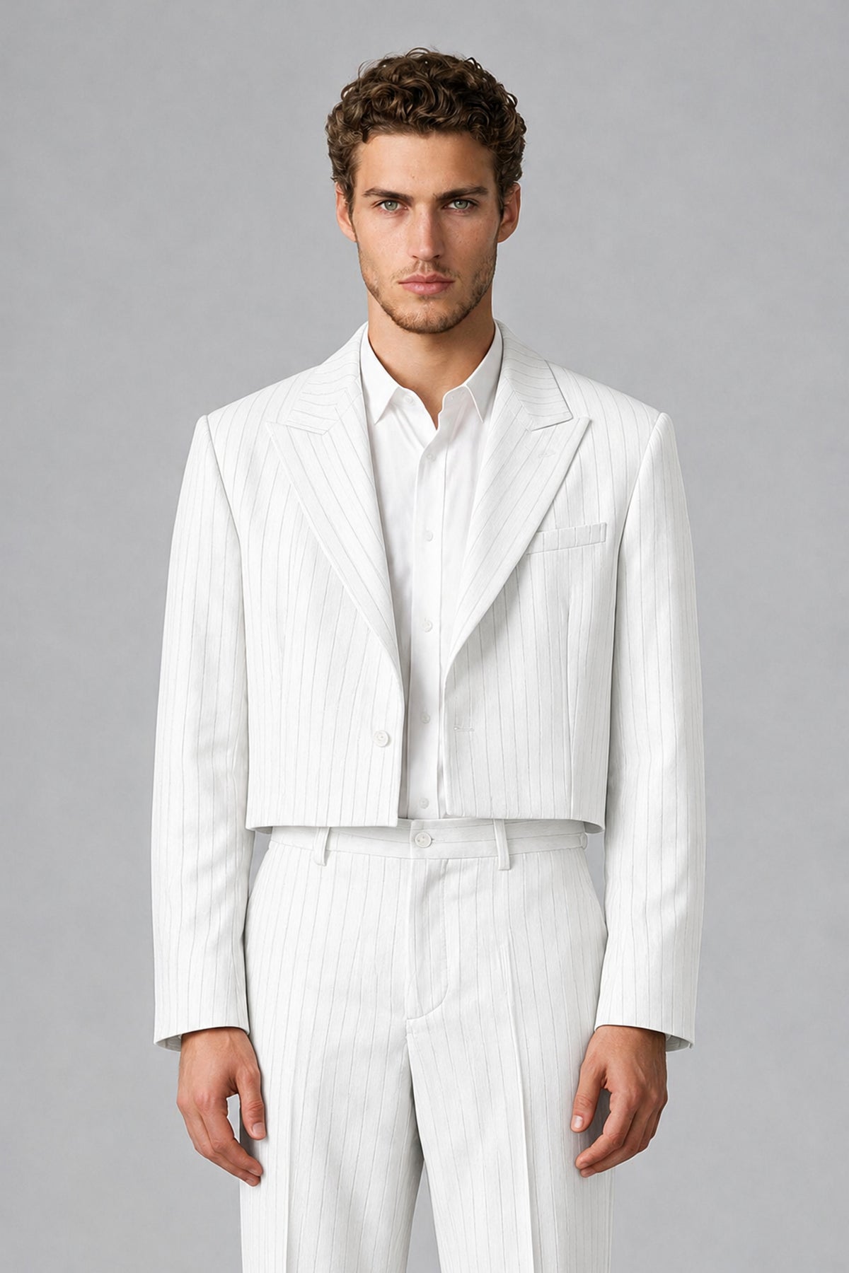 Bolodoo Men's White Pinstripe Two-Piece Suit with Cropped Blazer & Wide-Leg Trousers - White - White_1