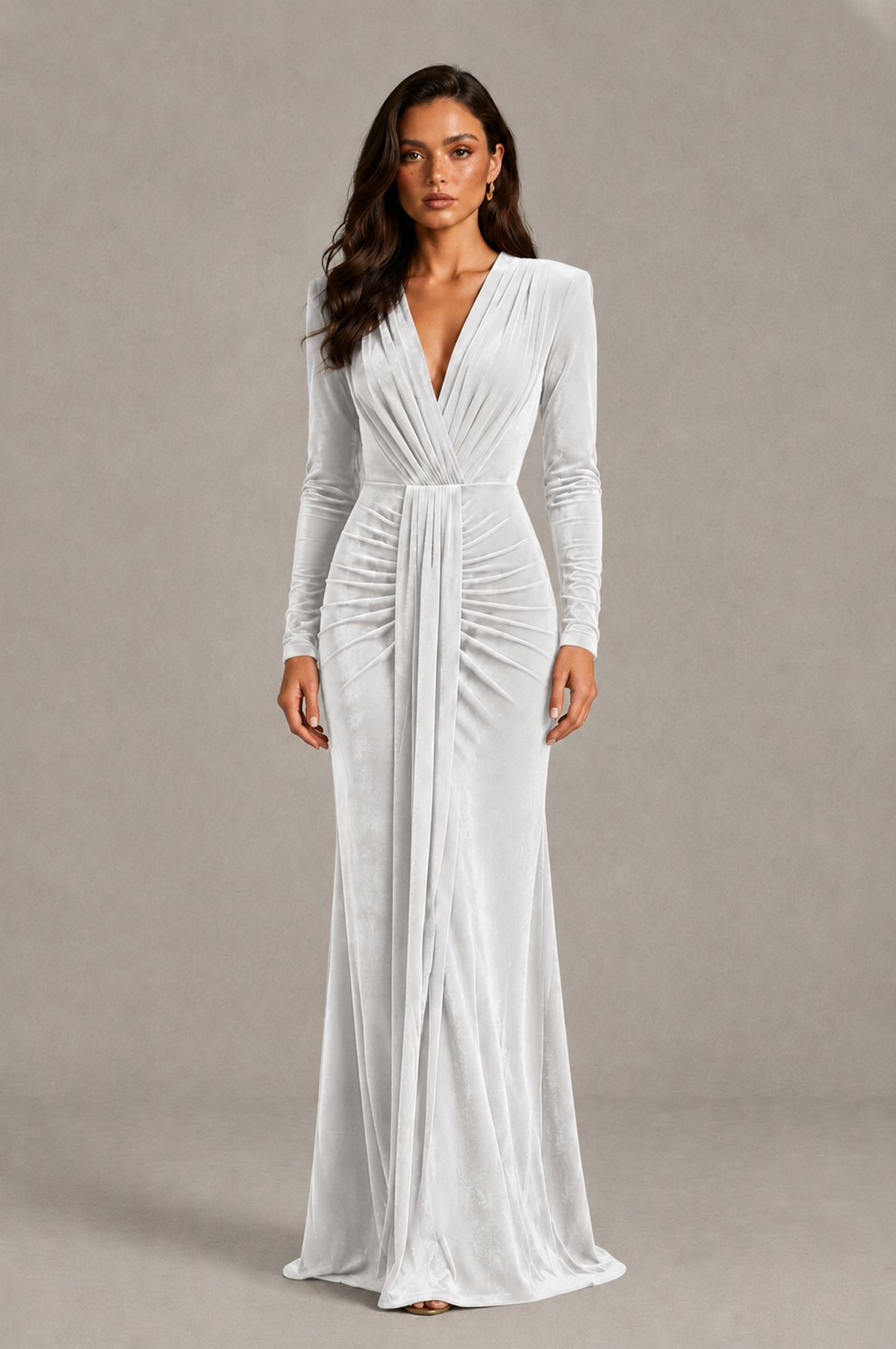 BOLODOO White Velvet Long Sleeve V-Neck Ruched Evening Gown - White