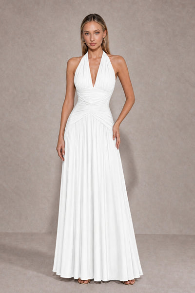 BOLODOO White Chiffon Halter Deep V-Neck Ruched A-Line Backless Maxi Dress with Train-BD0167 - White - White_1