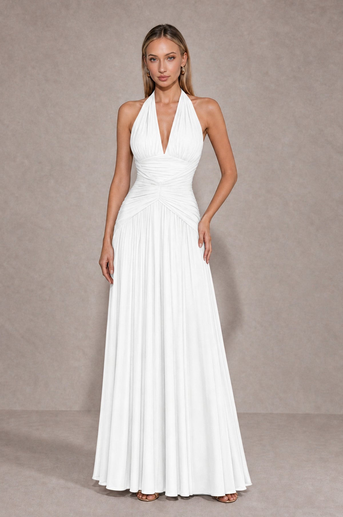 BOLODOO White Chiffon Halter Deep V-Neck Ruched A-Line Backless Maxi Dress with Train-BD0167 - White - White_1