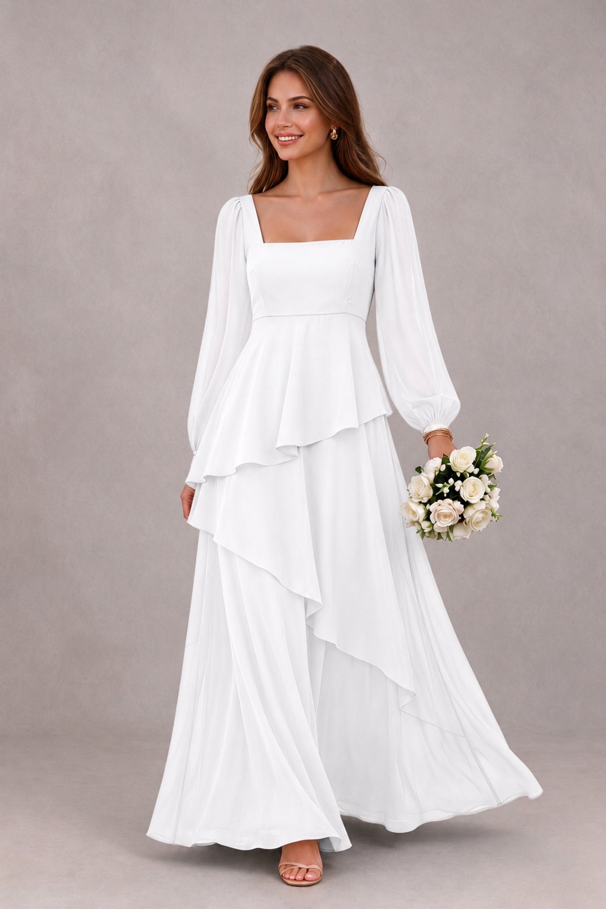 BOLODOO White Long Sleeve Ruffle Bridesmaid Dresses - White - White_1