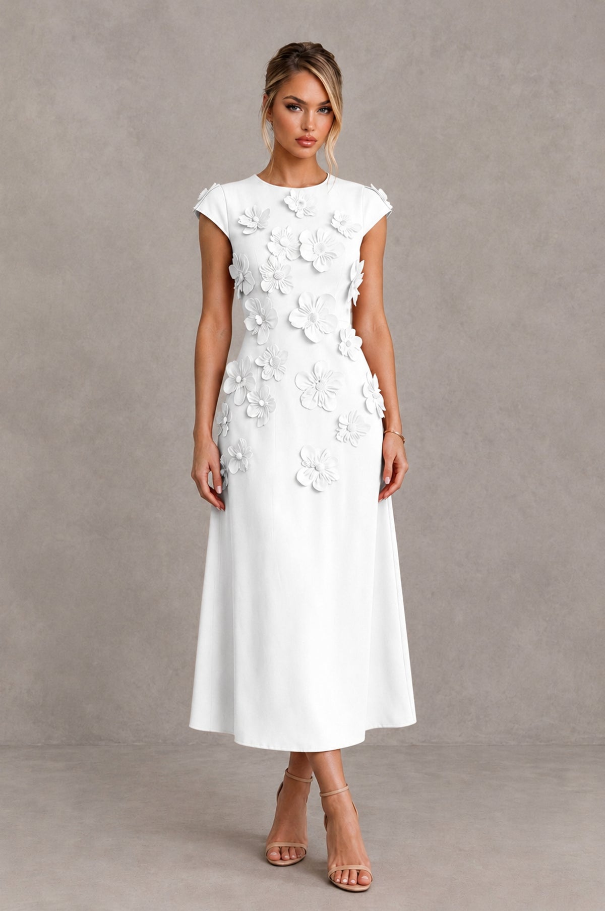 BOLODOO White 3D Floral Cap Sleeve Midi Cocktail Dress - White - White_1