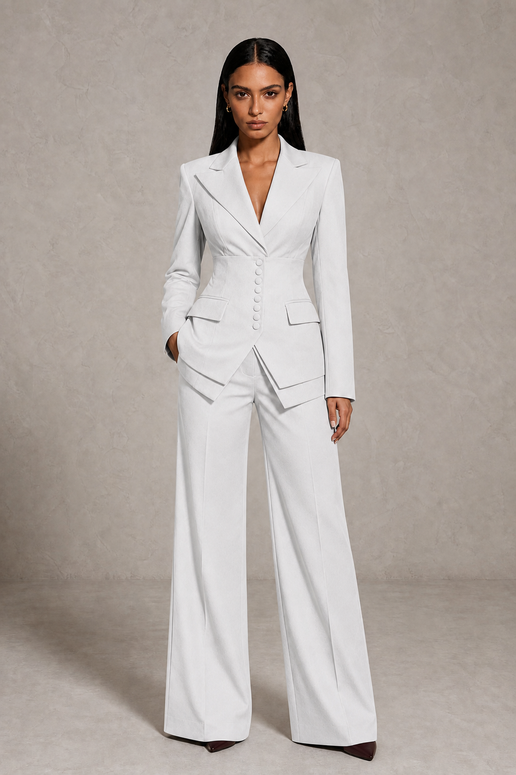 BOLODOO White Cinched Waist Blazer and Wide Leg Pants Two Piece Suit Set - White