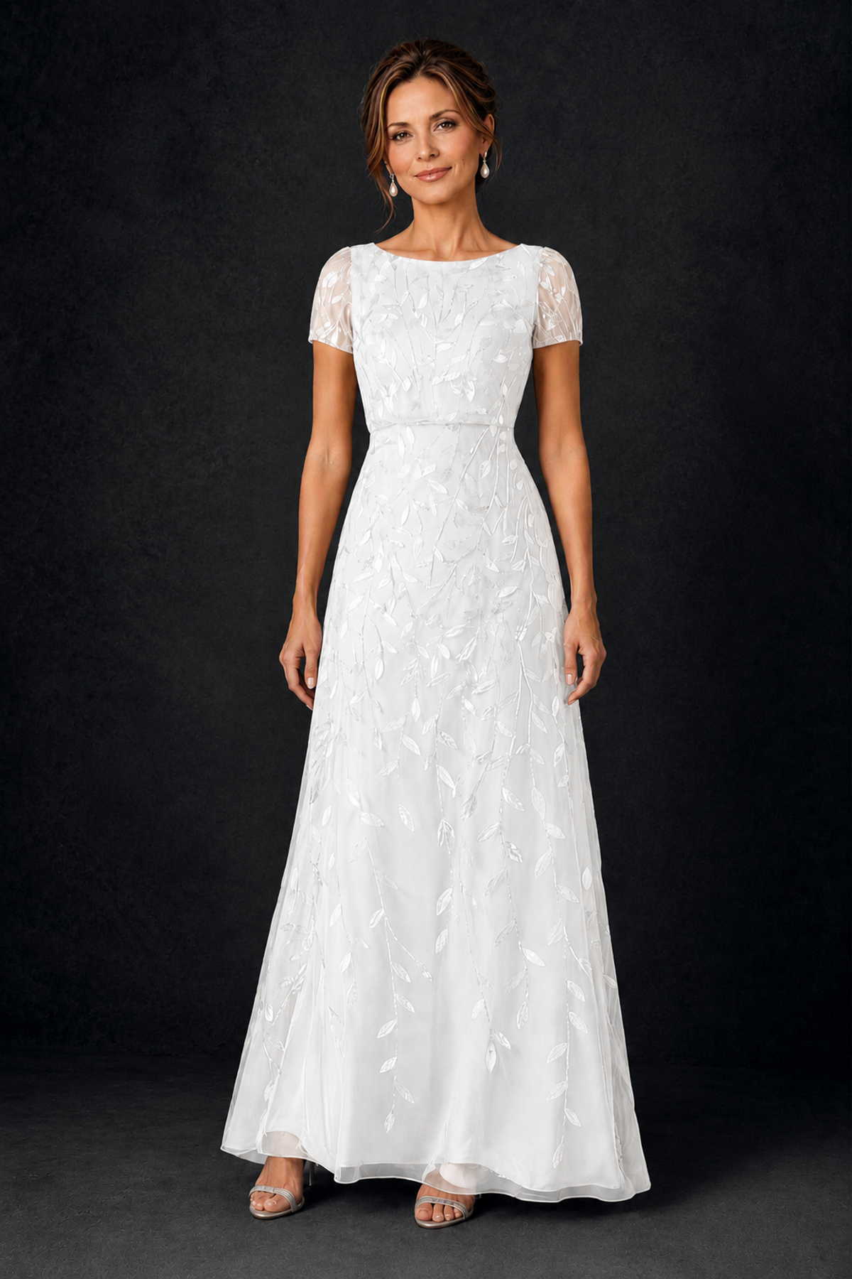 BOLODOO White Leaf Embroidered A-Line Formal Gown with Cap Sleeves - White - White_1