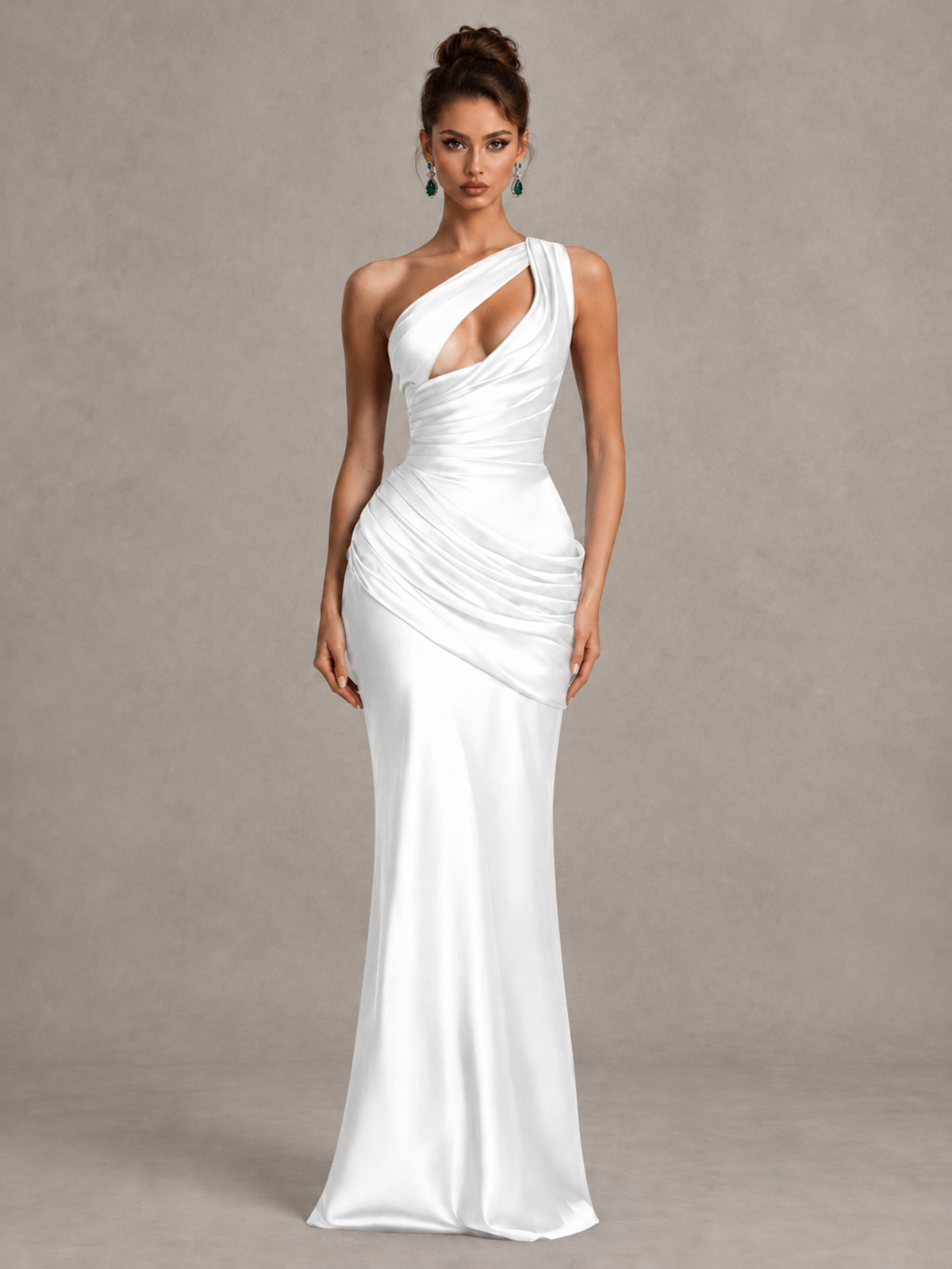 BOLODOO White One-Shoulder Cutout Satin Mermaid Prom Dress - White - White_1