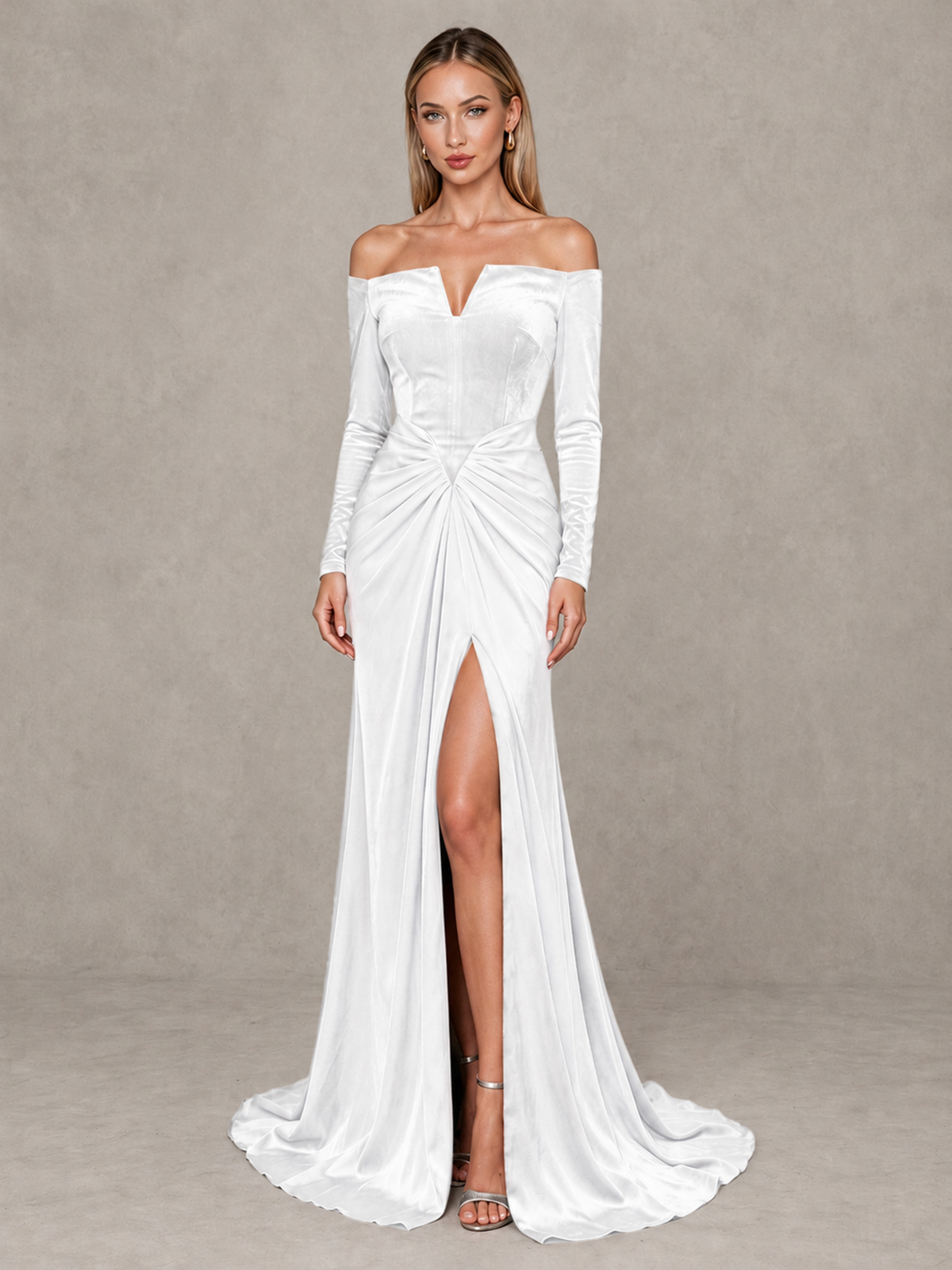 BOLODOO White Off-Shoulder Velvet Evening Gown with High Slit - White - White_1