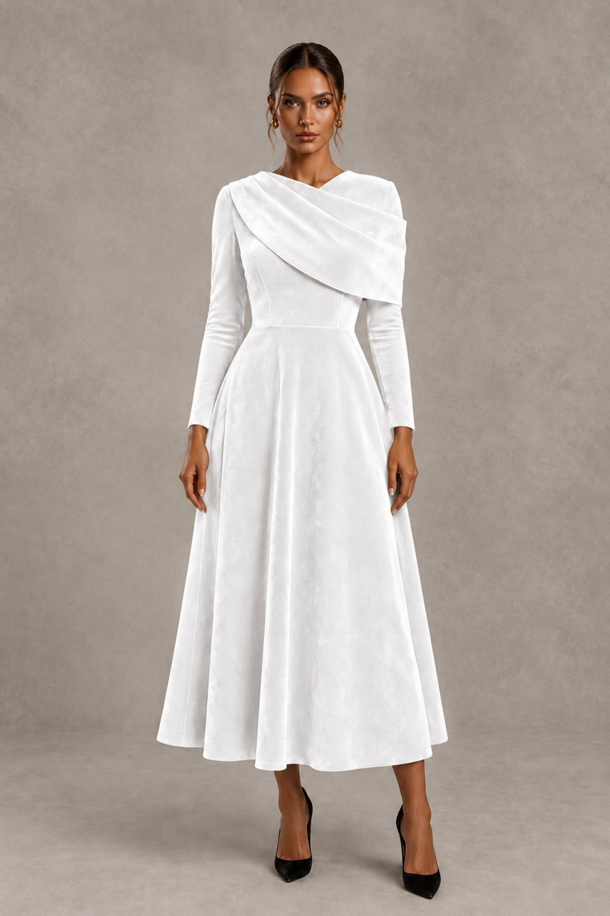 BOLODOO White Velvet-Look Long Sleeve Tea-Length A-Line Dress with Draped Neckline - White - White_1