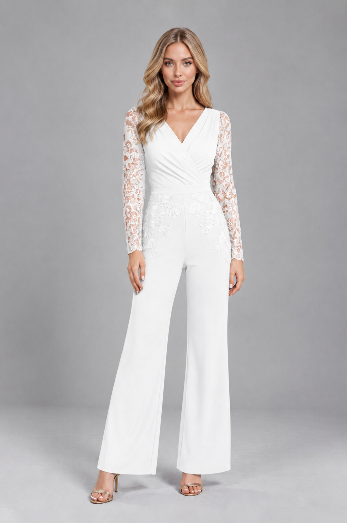 BOLODOO White Lace Long-Sleeve V-Neck Mother Pant Suit - White - White_1