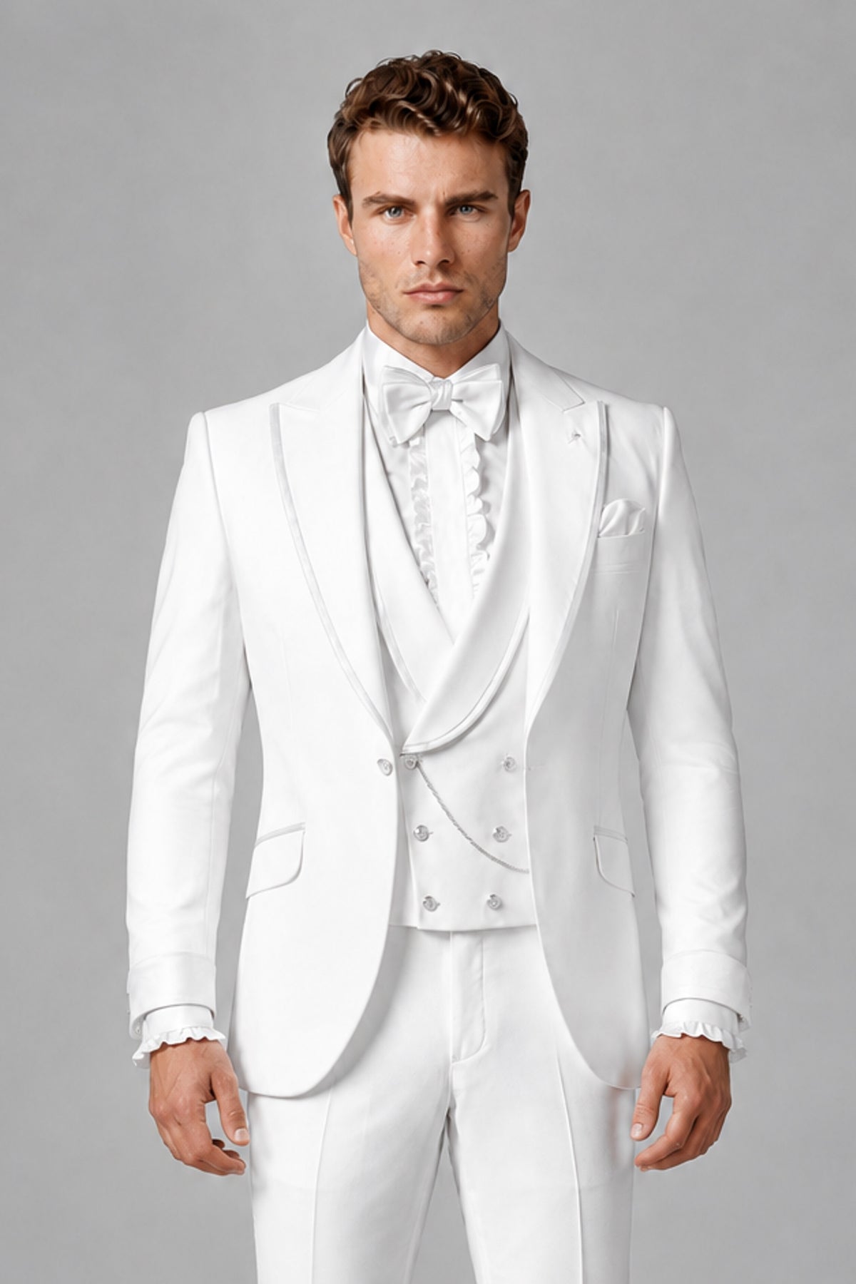 Bolodoo Men's White and White Three-Piece Wedding Tuxedo Suit - White - White_1