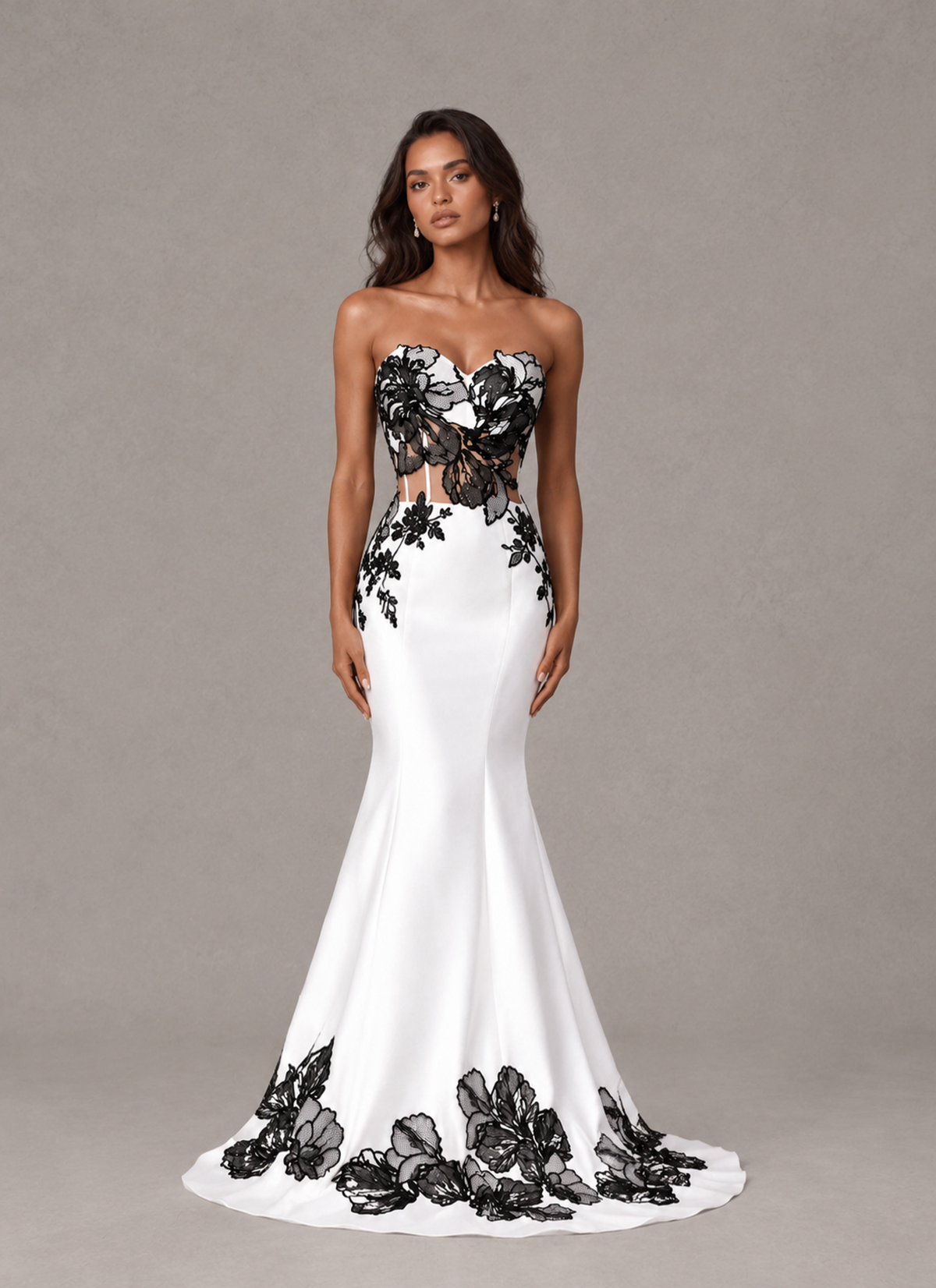 BOLODOO White Strapless Floral Applique Mermaid Prom Dress - White - White（1）