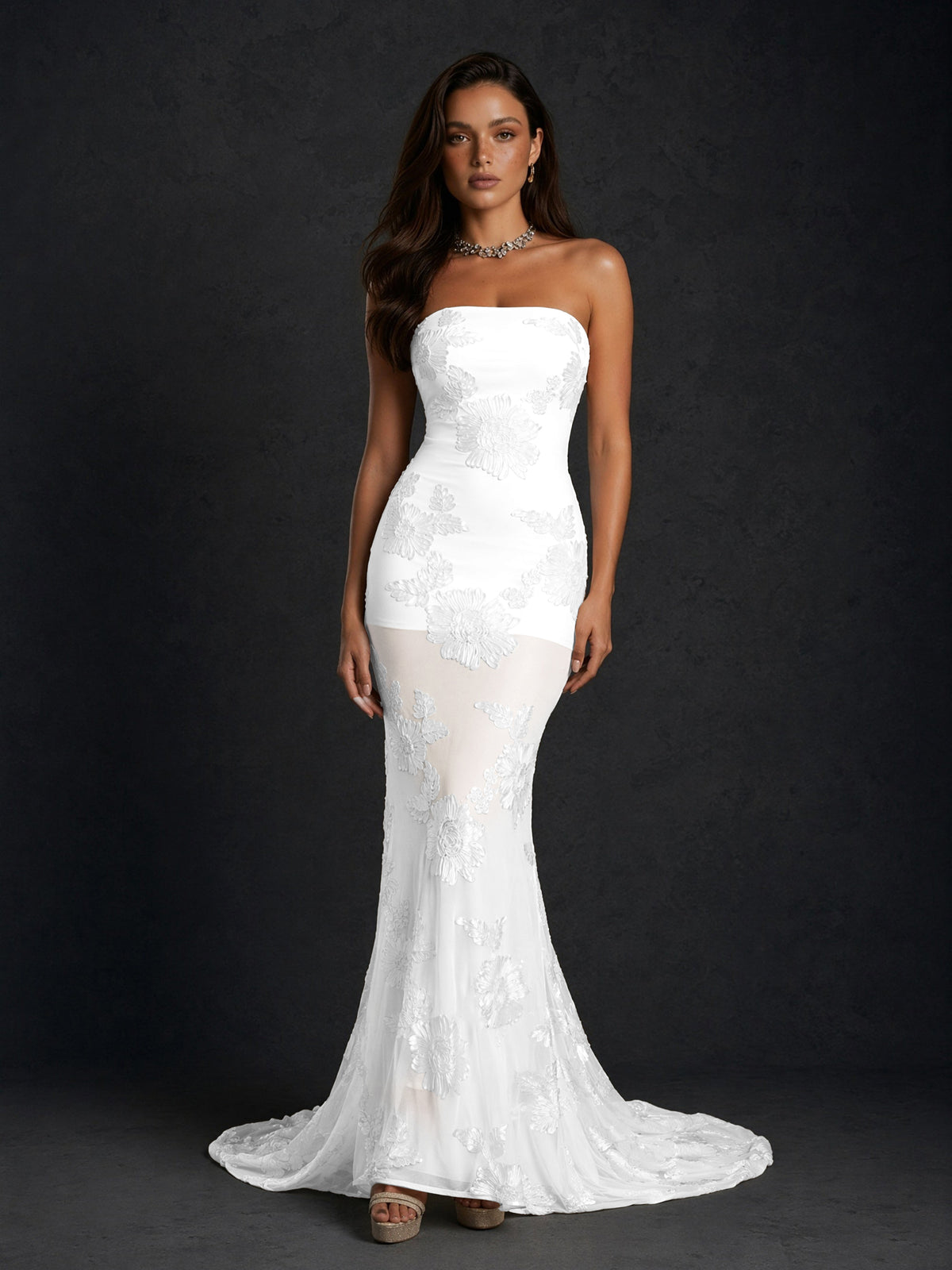 BOLODOO White Champagne Gold Floral Sequin Embroidered Mesh Strapless Open Back Mermaid Maxi Dress with Train - White