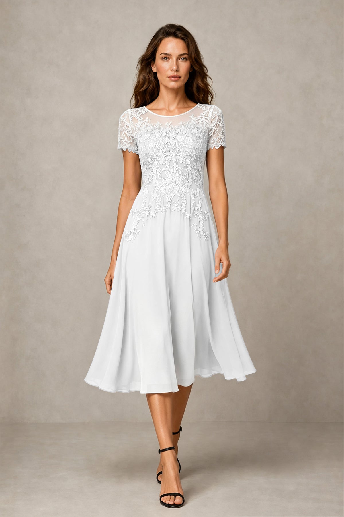 BOLODOO Steel White Beaded Lace Illusion Bodice Chiffon Tea-Length Dress | Mother of the Bride & Cocktail Party - White