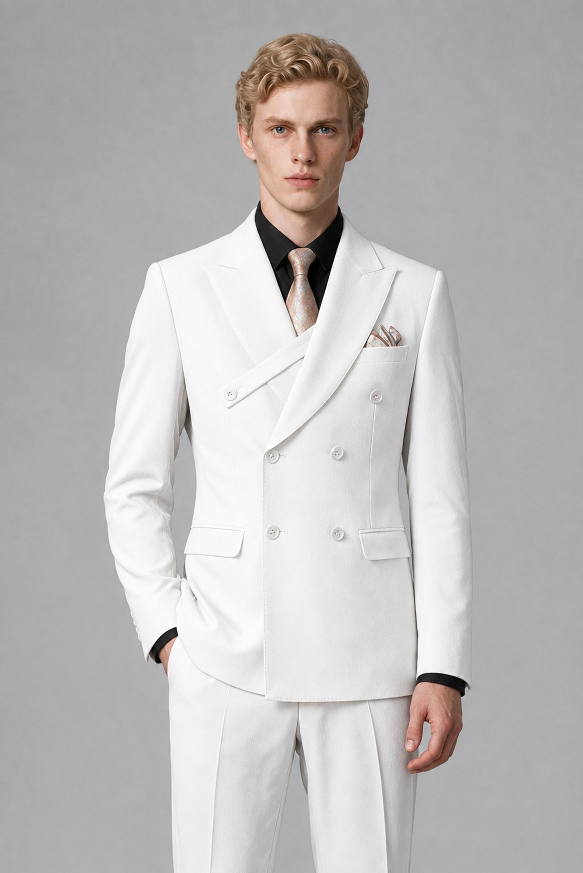 BOLODOO Men's White Double-Breasted Two-Piece Suit – Jacket & Trousers - White