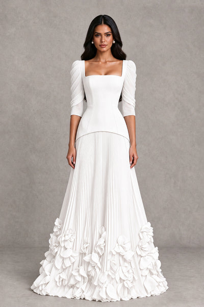 BOLODOO White Square Neck Pleated Floral Applique Evening Dress - White - White_1