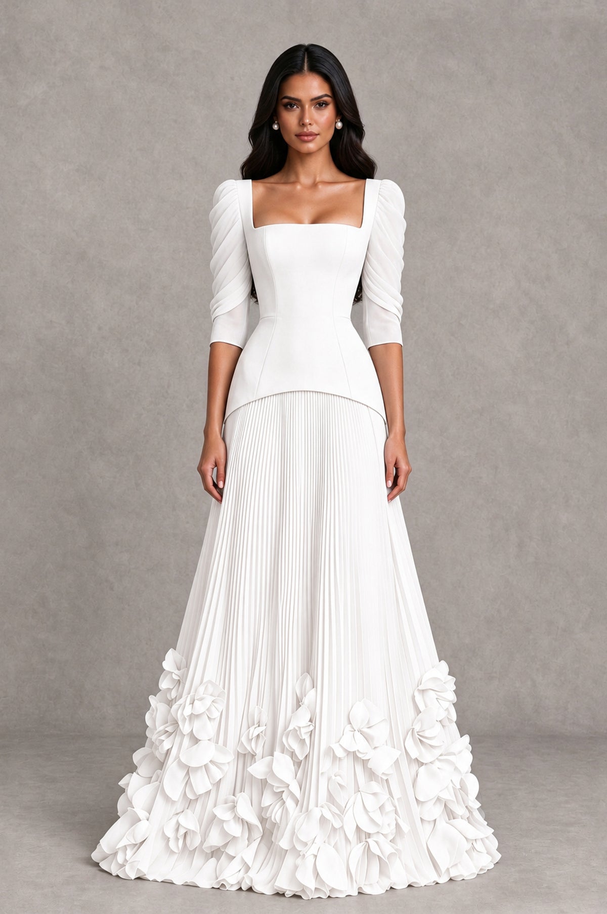 BOLODOO White Square Neck Pleated Floral Applique Evening Dress - White - White_1