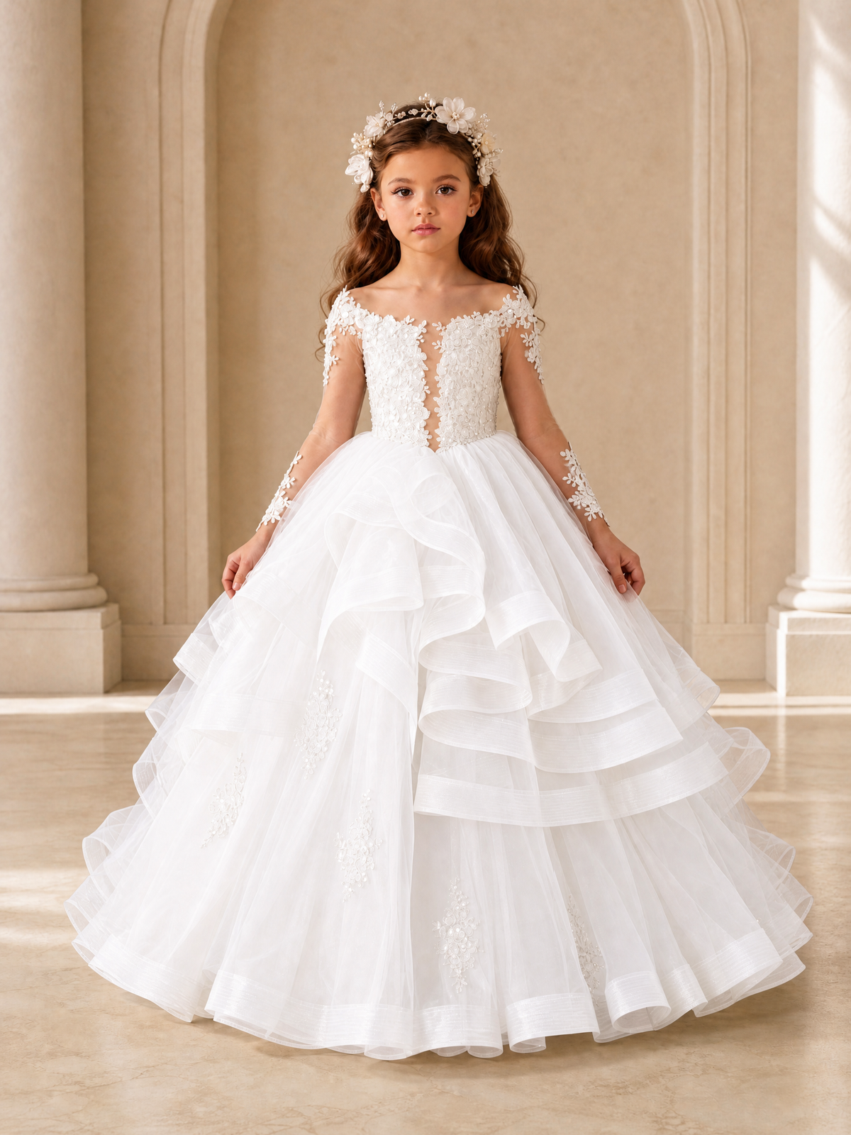 BOLODOO White Lace Long Sleeve Tiered Flower Girl Dress - White - White_1