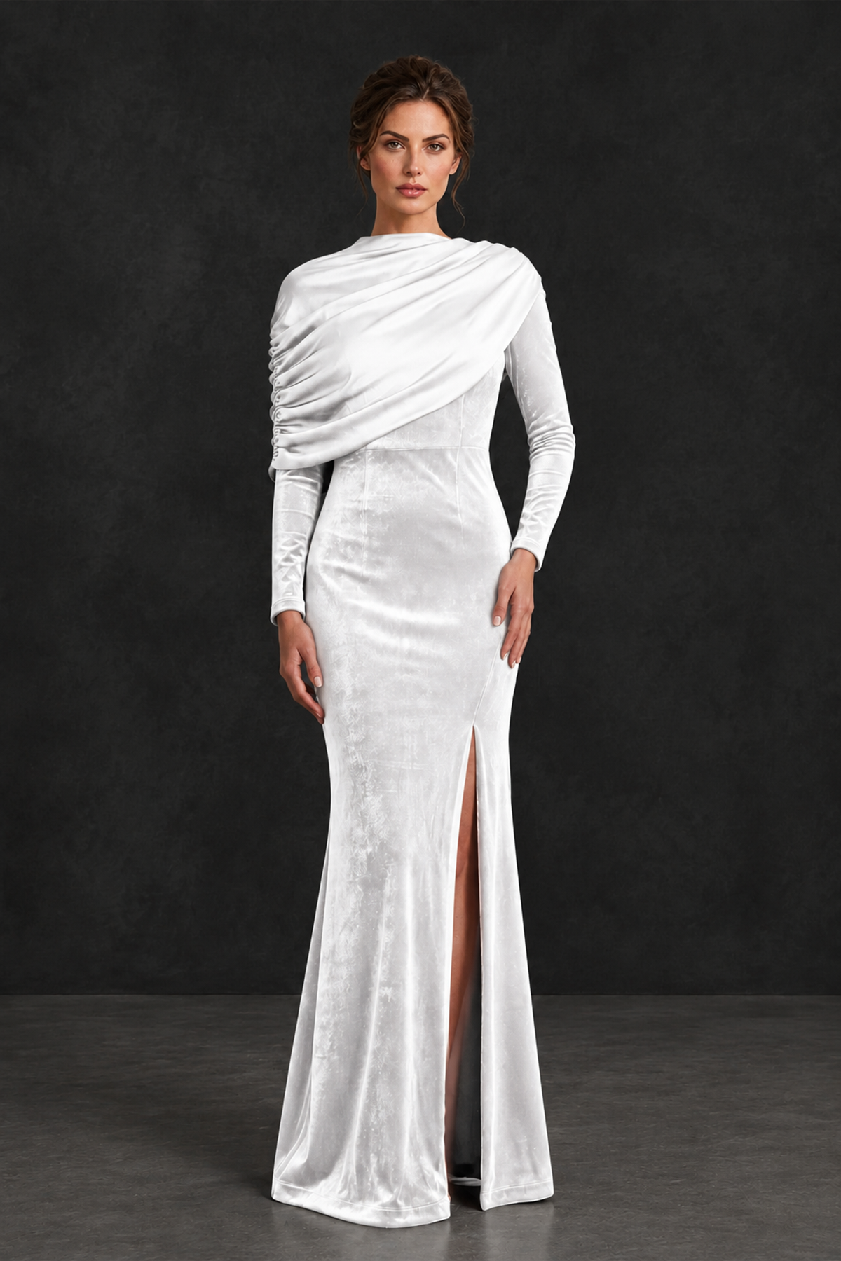 BOLODOO White Velvet Long Sleeve Draped Mother of the Bride Dress - White - White_1