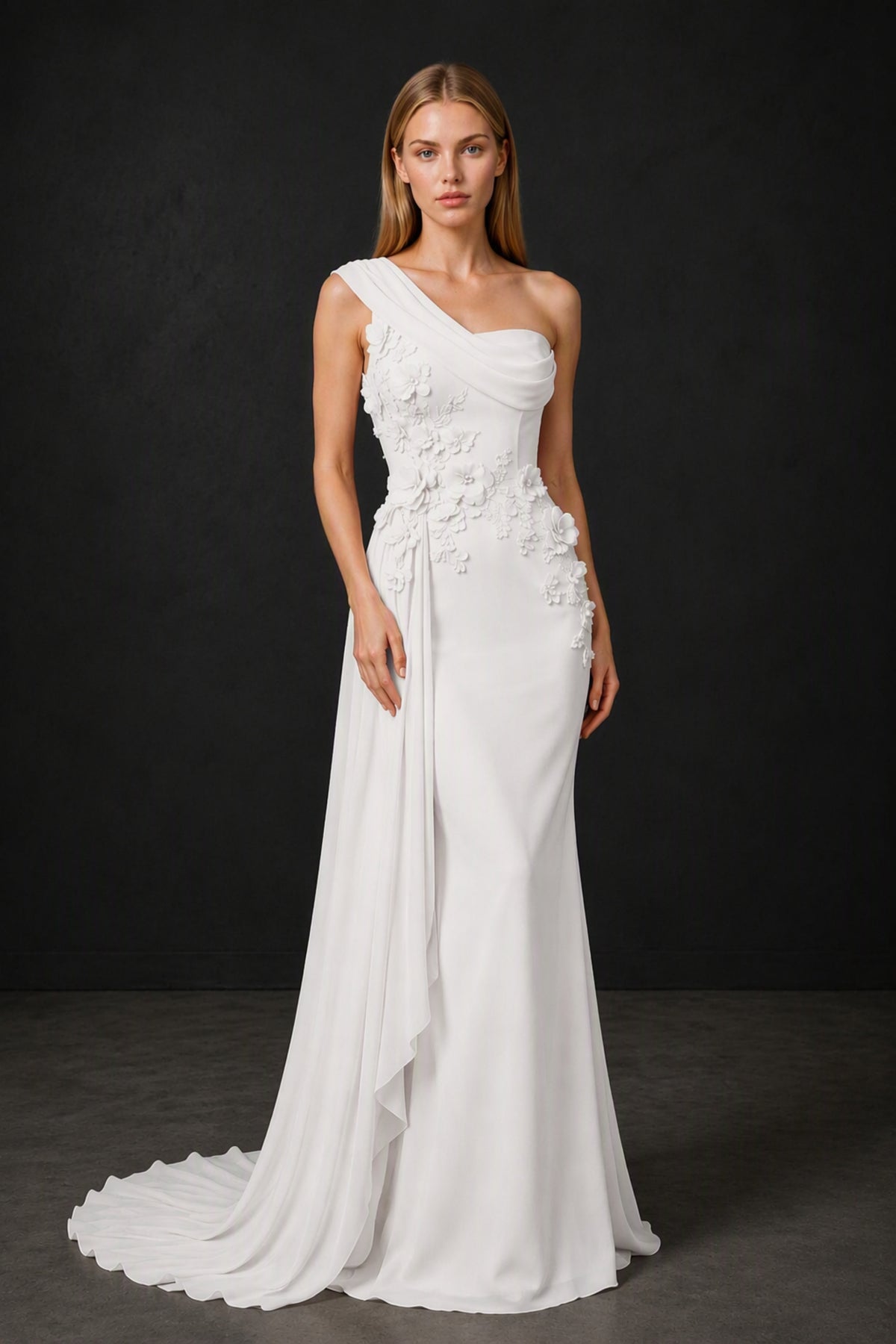 BOLODOO White One-Shoulder 3D Floral Appliqué Chiffon Gown with Open Back - White