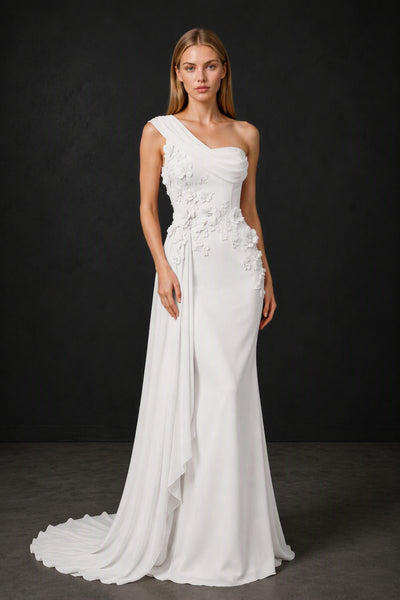 BOLODOO White One-Shoulder 3D Floral Appliqué Chiffon Gown with Open Back - White