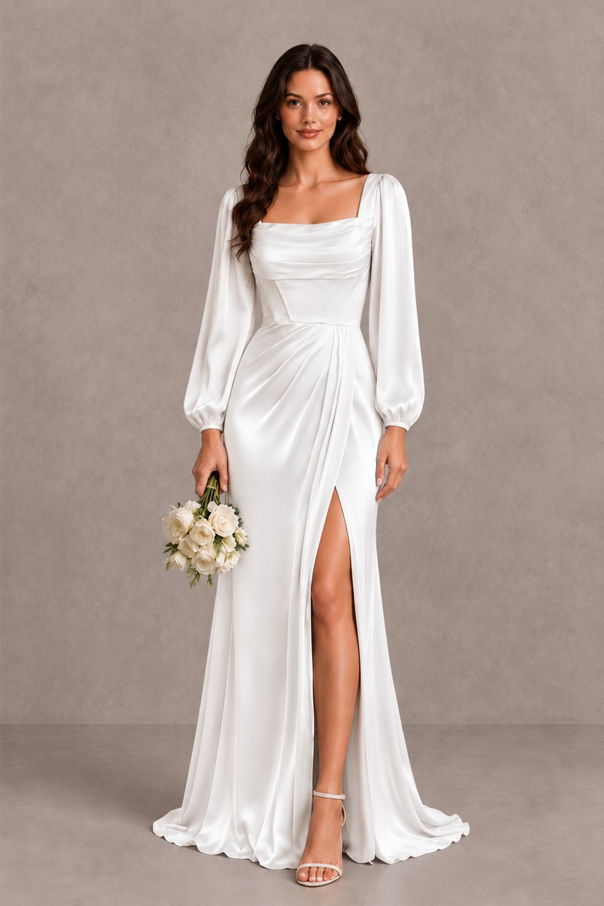 BOLODOO White Satin-Look Long Sleeve Evening Dress with High Slit - White - White_1