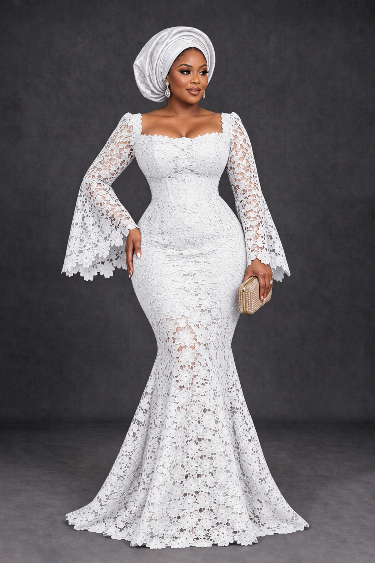 BOLODOO White African Lace Mermaid Dress, Plus Size Nigerian Wedding Guest Gown with Bell Sleeves - White - White_1