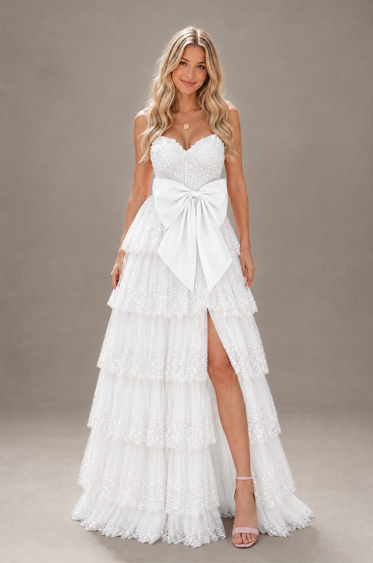 BOLODOO White Strapless Tiered Tulle Prom Dress with Bow - White - White_1