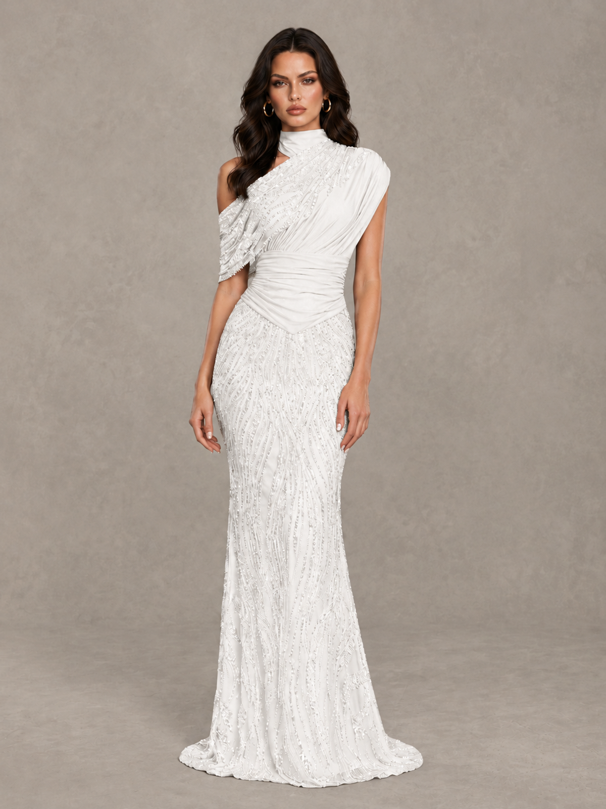 BOLODOO White High Neck Draped Sequin Mermaid Evening Gown - White - White_1