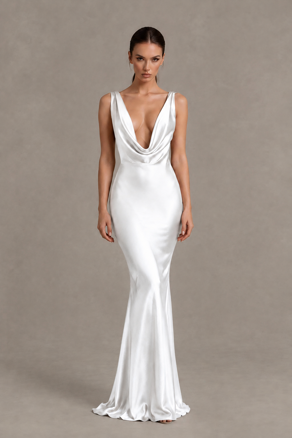BOLODOO White Cowl Neck Backless Satin Mermaid Evening Dress - White - White_1